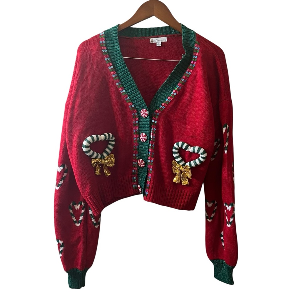 Jolly Festive Christmas Holiday Cardigan Sweater Sz L